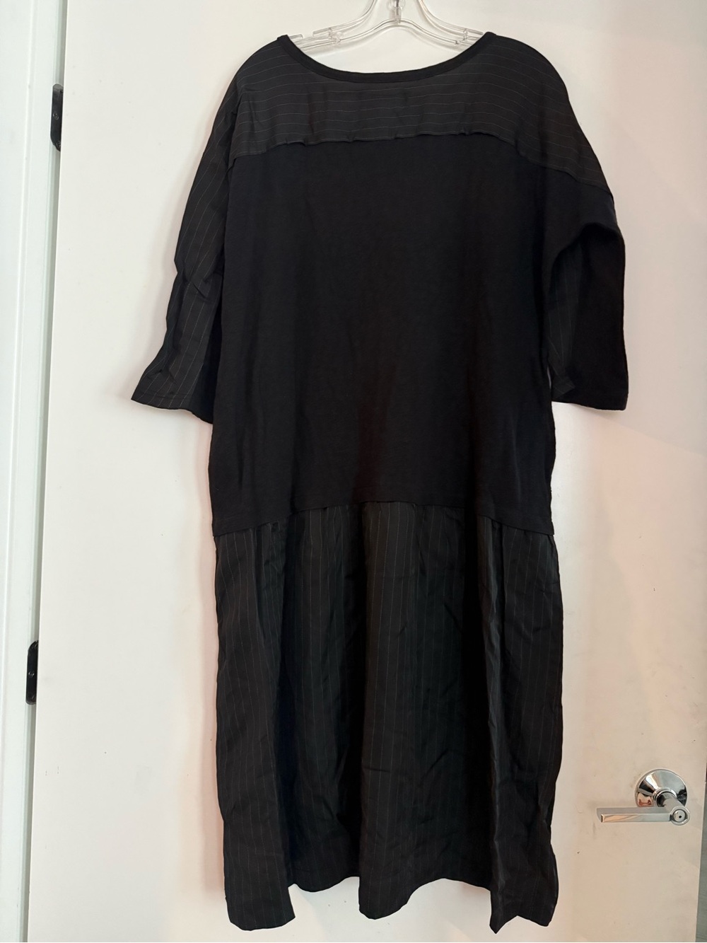 Y's Yohji Yamamoto Pinstripe Mixed Media Midi Dress Cotton Cupro Black Sz S/M - Picture 3 of 6